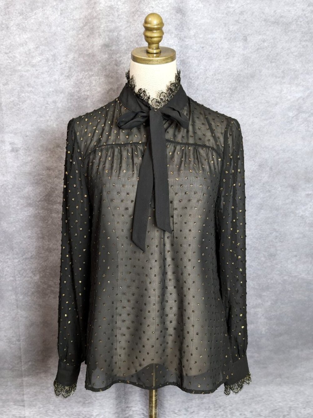 Ted Baker Black Sheer Metallic Gold Dot Blouse M 3 Lace Bow High Neck Whimsigoth